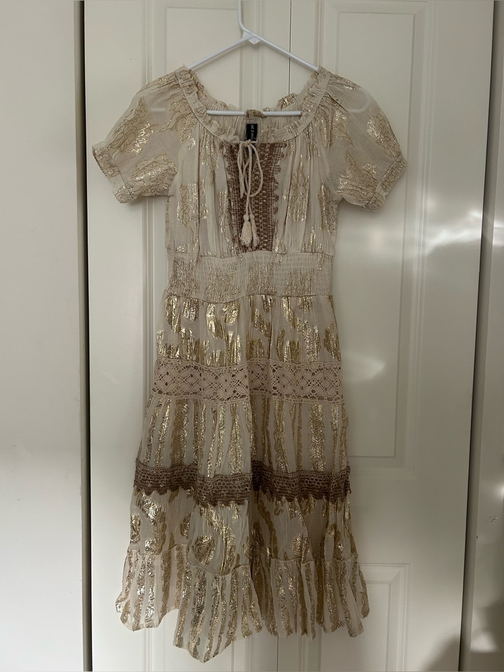 Boho Me 2 Magic White Metallic Lace Tassel Tie Anthropologie Dress Size Large - Picture 2 of 4